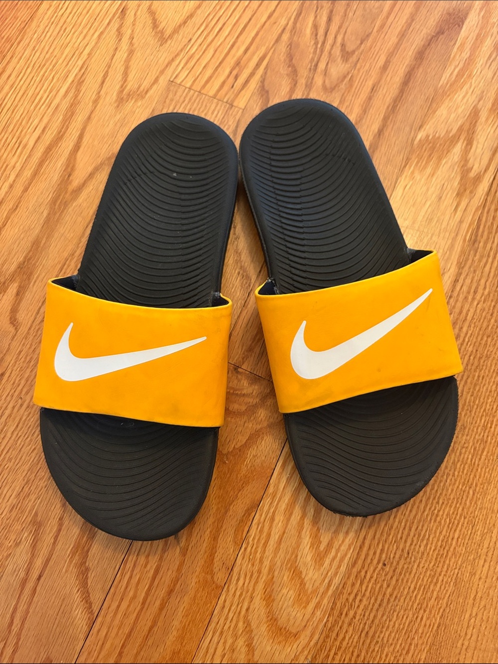 Nike Black Footbed Slides with Yellow Strap and White Swoosh